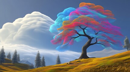 A serene woodland backdrop showcasing a majestic tree reaching towards the clouds, embodying the limitless potential and progress of ideas and innovation within the realm of 3D pastel landscapes.