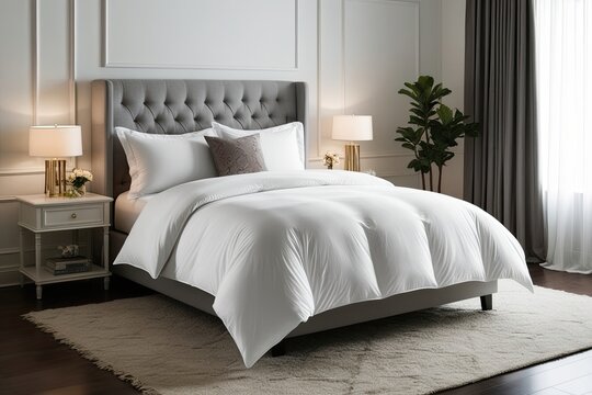 Elegant White Bed with Duvet and Pillows for Relaxing Living Room Decor