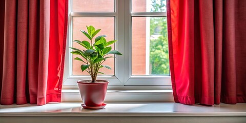 A potted plant with green leaves sits on a white windowsill, framed by red curtains, bathed in natural light streaming through the window.