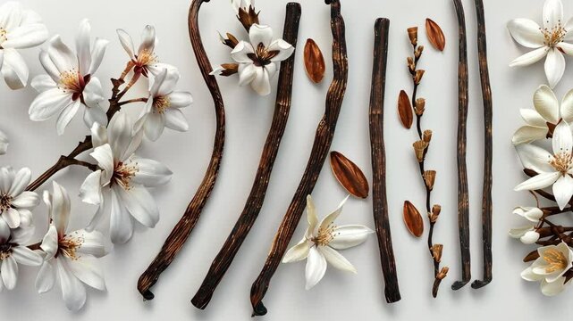 White flowers and vanilla beans arranged on a white surface create a beautiful still life