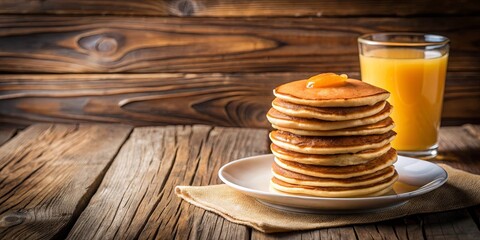 A stack of golden brown pancakes topped with a dollop of honey, resting on a white plate, nestled on a rustic wooden table, beside a glass of orange juice.