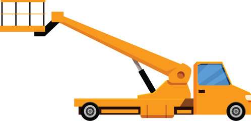 Yellow aerial work platform truck extending crane arm with blue sky in background © nsit0108