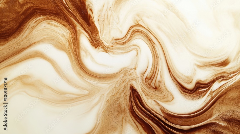 Aufkleber Swirling coffee blends seamlessly with milk, creating an abstract pattern of rich brown and creamy white colors in a cup. Generative AI