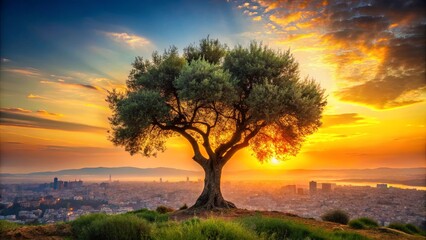 Fototapeta premium A solitary tree stands sentinel on a grassy hilltop, bathed in the golden glow of a vibrant sunset, casting long shadows over the cityscape below.