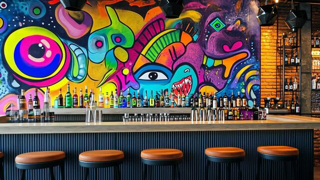 A colorful bar with a mural behind the counter, featuring various shapes and colors