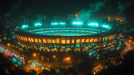 Obraz premium Aerial view of a brightly lit stadium at night.