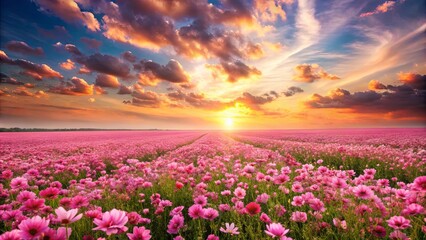 Fototapeta premium A field of pink flowers blossoms under a vibrant sunset sky, with golden clouds and a ray of light illuminating the horizon.