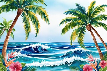 Picturesque Summer Ocean Escape - Watercolor Canvas with Tropical Palms and Lively Sea Waves