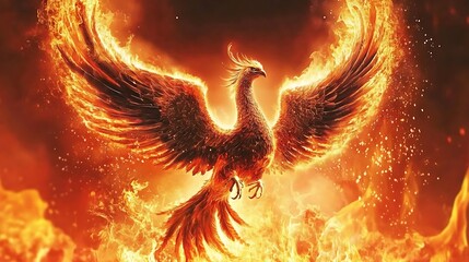 An evocative stock image depicting the mythical Phoenix bird emerging triumphantly from engulfing flames, embodying the idea of overcoming challenges and adversity.