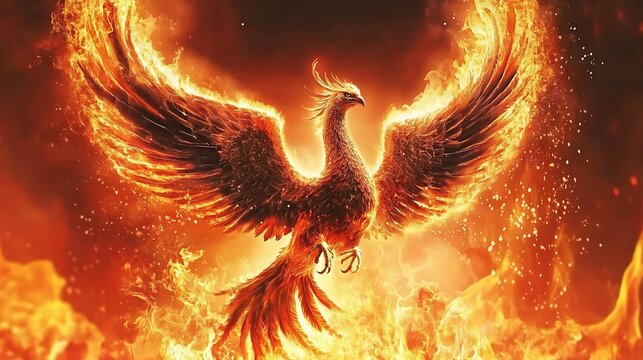 An evocative stock image depicting the mythical Phoenix bird emerging triumphantly from engulfing flames, embodying the idea of overcoming challenges and adversity.