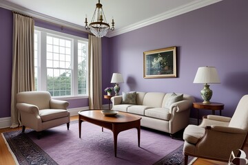 Elegant Traditional Living Room Featuring Classic Beige Club Chair and Vintage Teak Coffee Table on Lavender Wall