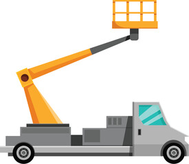 Yellow cherry picker truck lifting its telescopic arm with empty basket on white background