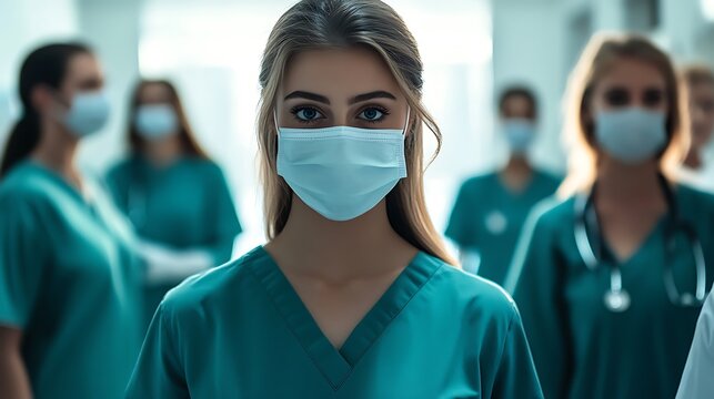 Professional image of a dedicated nursing student, wearing a face mask and gloves for safety