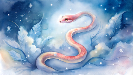 Watercolor illustration of a pink snake in a winter forest