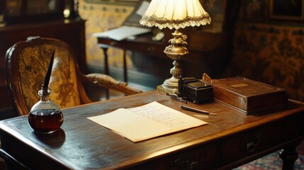 Vintage Edwardian Writing Desk with Quill and Ink Bottle