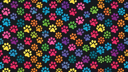 A vibrant pattern of colorful paw prints on a dark background, depicting a playful and joyful atmosphere