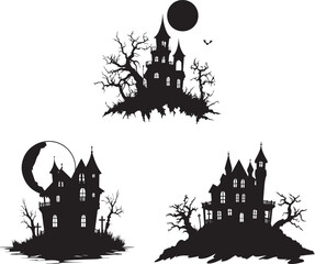 Vector Silhouette of a haunted house with a full moon, halloween background with castle