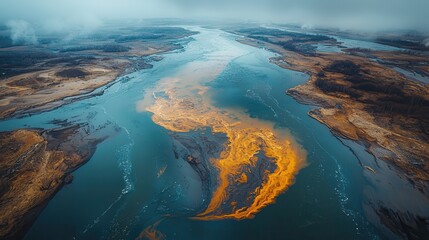 Fototapeta premium Aerial View of River with Vibrant Orange Flowing Colors