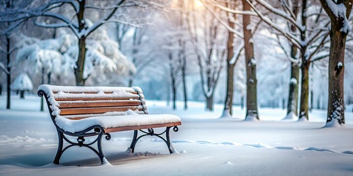 A snow-covered bench in a winter wonderland, framed by a backdrop of trees dusted with white