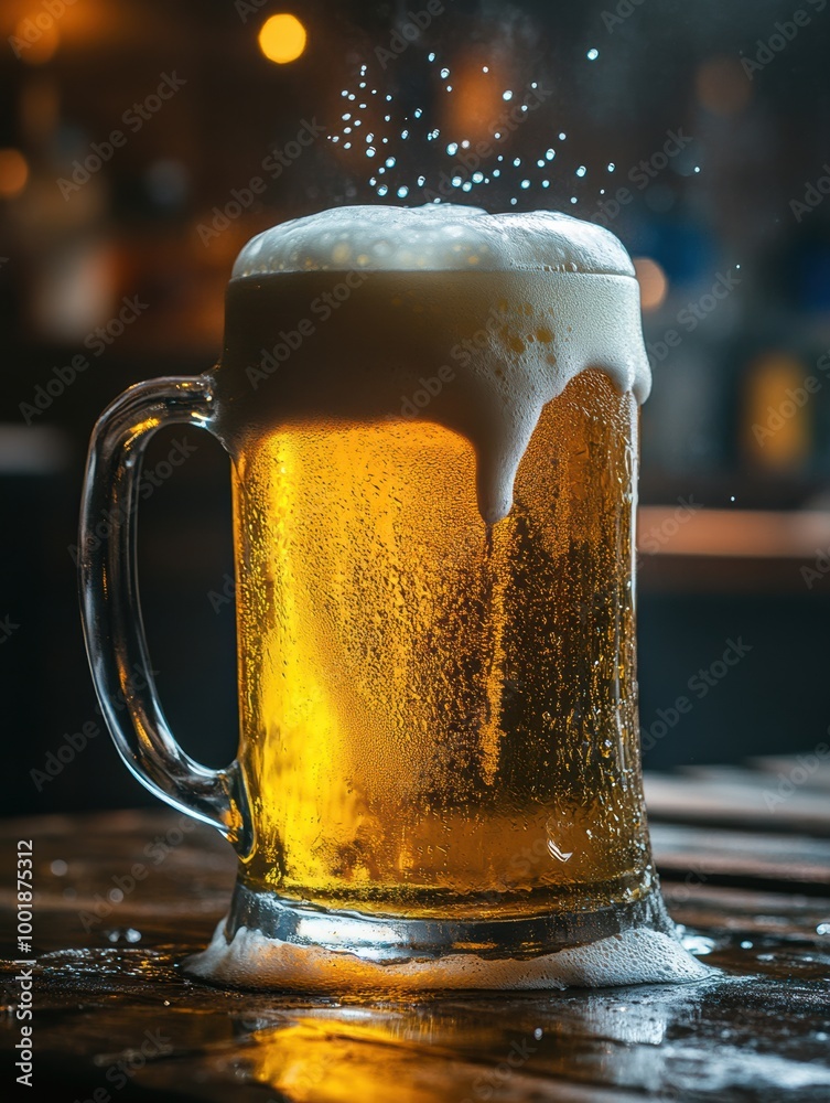 Poster Frothy beer mug with foam cascading over edges on a rustic wooden table at a lively tavern during evening hours. Generative AI