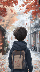 Obraz premium Young boy walking through a street in autumn