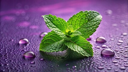 A single sprig of fresh mint rests on a vibrant purple surface adorned with glistening water droplets.