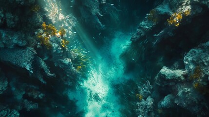 Obraz premium A beam of sunlight pierces the deep blue ocean, illuminating a vibrant coral reef.