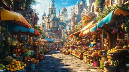 A bustling marketplace in a fairytale town, filled with colorful stalls and vibrant produce. The cobblestone street leads toward majestic towers in the distance.