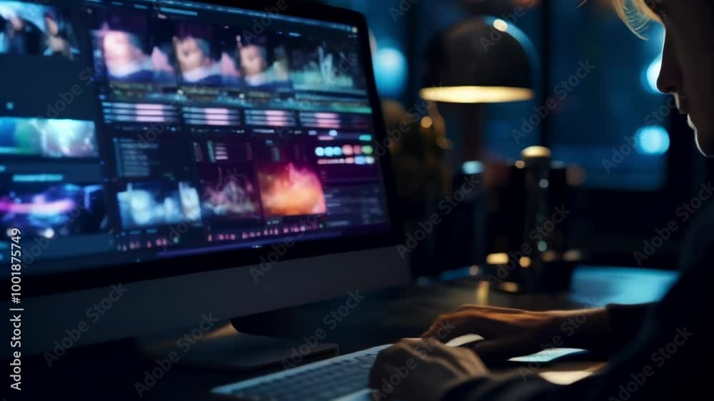 Poster video editor works late at night in a dimly lit office, using advanced software to perfect a movie, 