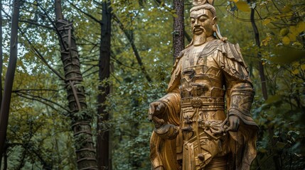 Obraz premium Ancient Golden Warrior Statue in Weathered Nature Setting
