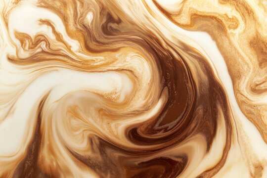 Swirling coffee mixes beautifully with milk, creating an abstract artwork of rich colors and textures as they blend together. Generative AI