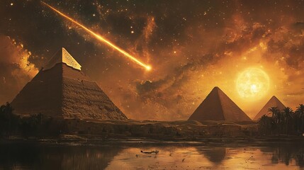 A fiery meteor streaks across the sky above the ancient pyramids, casting an ominous glow on the desert landscape.