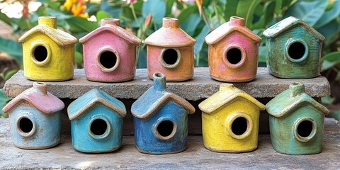 A collection of miniature handcrafted ceramic birdhouses with varying colors and distressed finishes, arranged on a stone surface with a backdrop of verdant foliage.