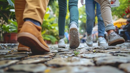 Family Walking Mid-Stride on Cobblestone Path with Soft Background of Café and Greenery