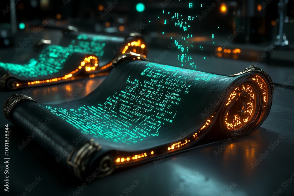 Aufkleber Fantasy world programming visualized as enchanted scrolls with glowing, moving code floating through the air in a magical lab