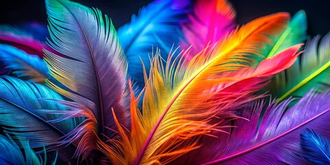 Fototapeta premium A vibrant collection of iridescent feathers showcasing a spectrum of colors, capturing the beauty of nature's artistry.