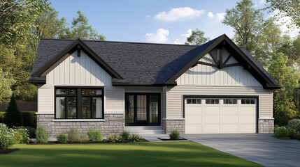 Obraz premium Minimalist beautiful family house with garage. Exterior design.
