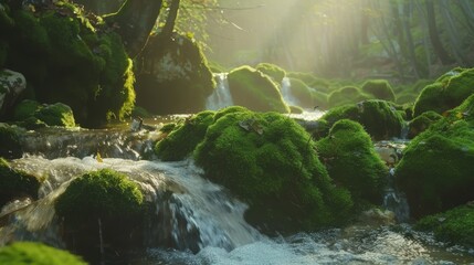 Fototapeta premium Tranquil Stream with Mossy Rocks in Mountain Forest