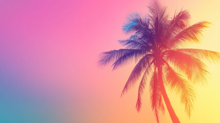 Obraz premium vibrant palm tree silhouette stands against gradient background of pink, purple, and orange hues, evoking sense of tranquility and tropical bliss