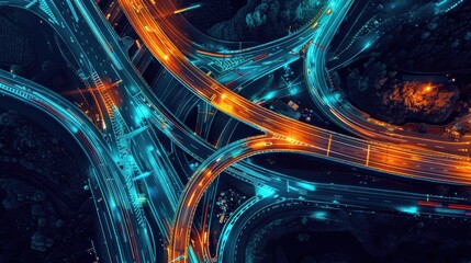 Aerial Nighttime View of Twisting Highway