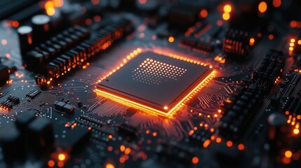 Dynamic Close-up of Futuristic Translucent Processor Connecting with Socket and Motherboard. Next Generation Microchip Activating and Powering System. High Performance GPU Chip