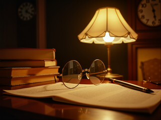 A cozy reading space featuring a stack of books, a pair of vintage glasses, and warm lighting from a classic lamp, evoking a sense of nostalgia and comfort in a quiet room.