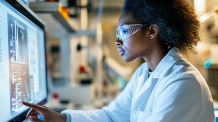 A focused scientist in a crisp white coat studies data on an innovative touchscreen monitor within a bright laboratory filled with advanced equipment