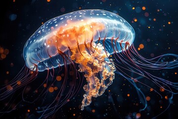 Illuminated Jellyfish in Deep Ocean Waters