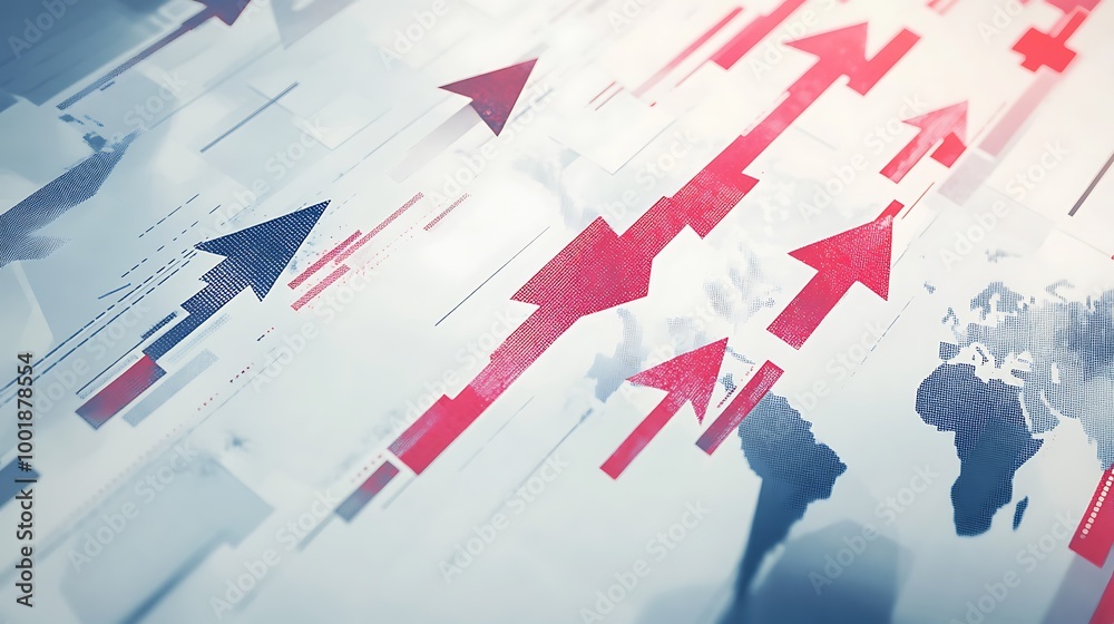 Aufkleber A close-up image of a computer screen with red arrows pointing upwards, representing growth and progress, against a backdrop of a world map and financial data.