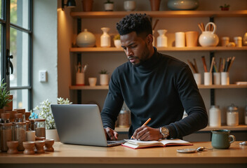 Obraz premium A thoughtful young man in a black sweater writes notes as he works on his laptop in a cozy, well-lit setting, with artistic pottery and plants surrounding him.