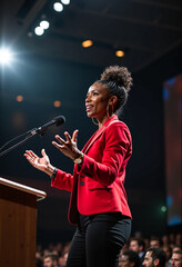 A dynamic speaker in a red blazer stands passionately at a podium, captivating an audience with her powerful and inspiring public speaking skills in a conference setting.