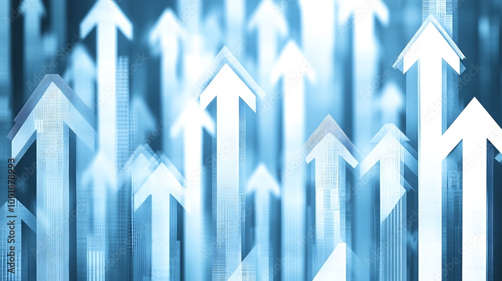 Poster abstract background of many white arrows pointing upwards on a blue background.