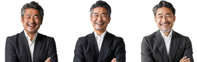 Portrait of three smiling and laughing Japanese businessmen, standing with arms crossed, isolated on transparent background