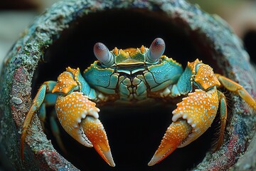Colorful Crab Emerging from Coral Reef